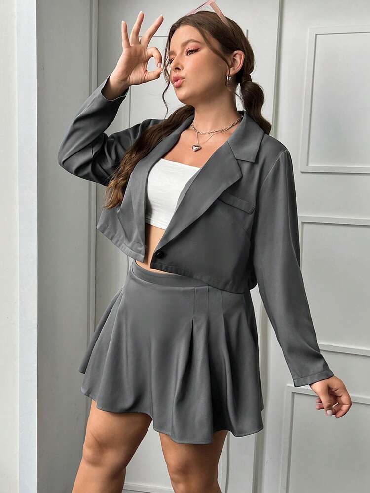 Plus Lapel Neck Single Button Crop Blazer & Pleated Skirt