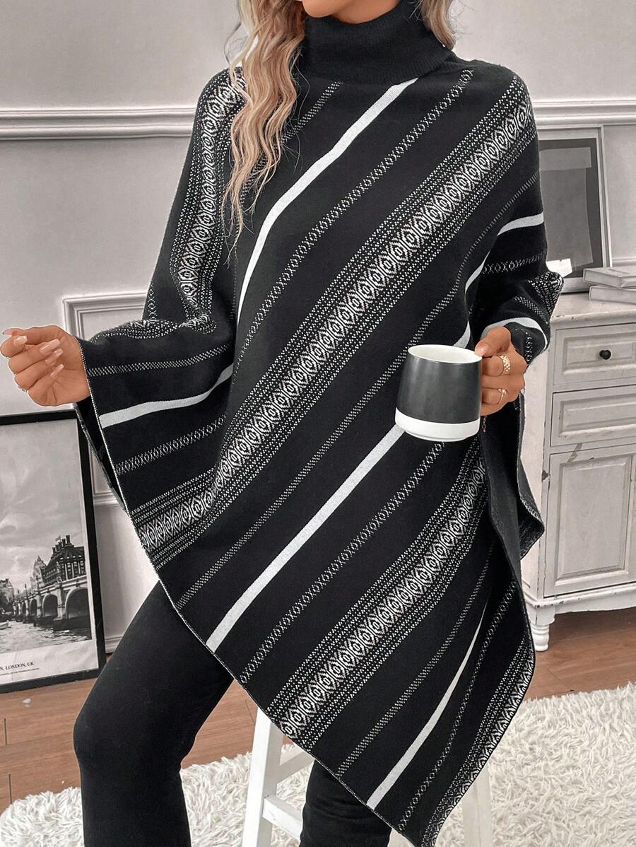 SHEIN LUNE Striped Pattern Turtleneck Batwing Sleeve Knit Poncho - Multicolor - View 1