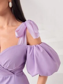 Modelyn 碎花露肩泡泡袖洋裝（無腰帶） - 淡紫色 - 查看 6