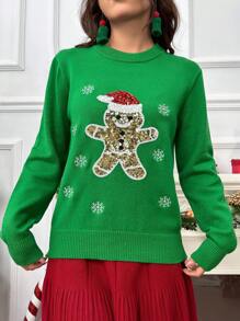 SHEIN Unity Jersey con patrón de Navidad con lentejuelas - Verde - Ver 6