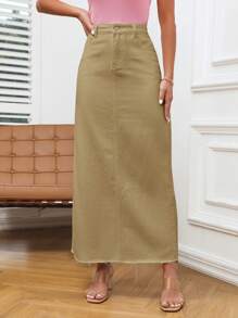 SHEIN Essnce High Waist Raw Hem Denim Skirt - Khaki - View 1
