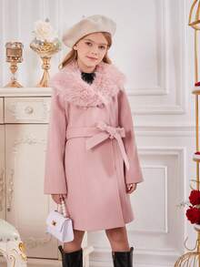 SHEIN 女大童1入組羊絨領口腰帶花呢外套 - 藕粉色 - 查看 6