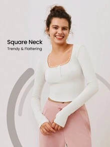 GLOWMODE 極經典輕盈的磨砂木質紋理長袖彎曲下擺短式上衣,附手指孔設計 - 白色 - 查看 5