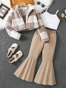 SHEIN بنات بطباعة مربع النقش جاموس قبعة معطف مطر & بنطلون بساق واسع