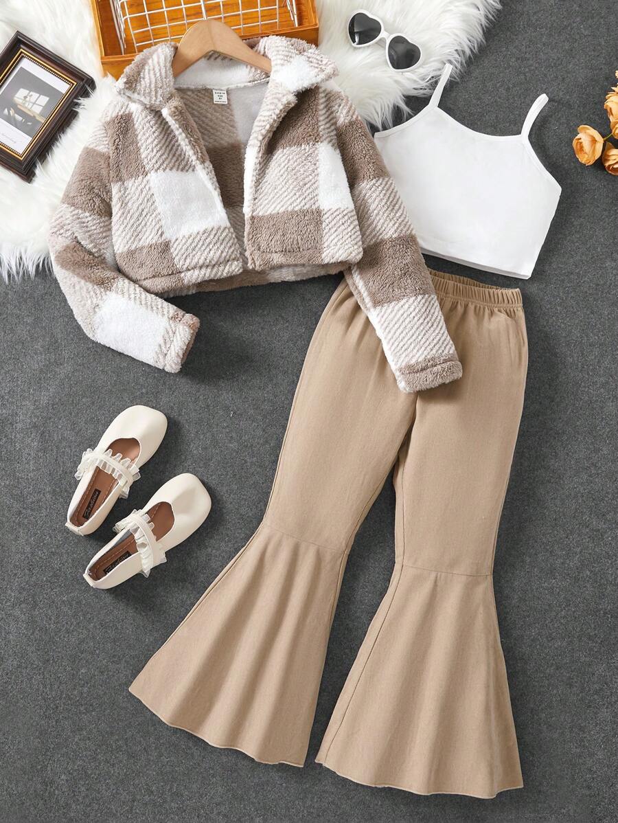 SHEIN بنات بطباعة مربع النقش جاموس قبعة معطف مطر & بنطلون بساق واسع