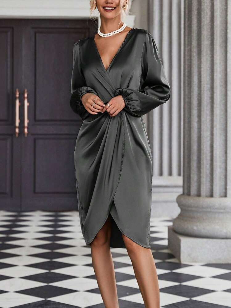 satin lantern sleeve dress Satin Ruffle Lantern Sleeve Midi Dress  JardinVue