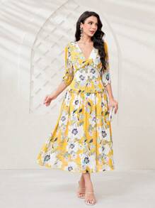 Modelyn Floral Print Puff Sleeve Dress - Yellow - View 1