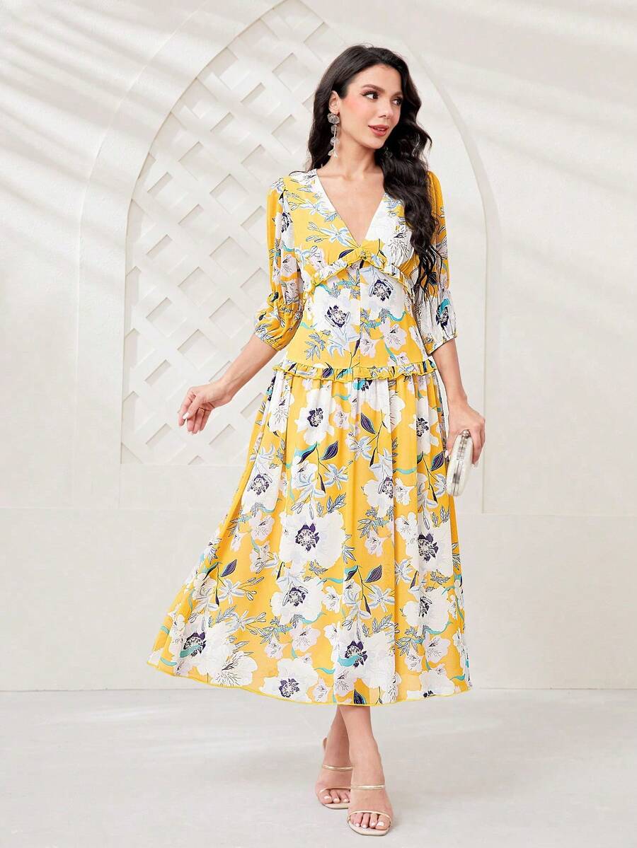 Modelyn Floral Print Puff Sleeve Dress - Yellow - View 1
