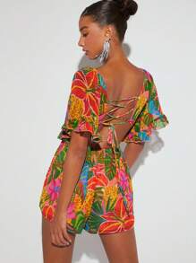 SHEIN VCAY 熱帶印花正面鏤空荷葉邊袖連身衣 - 彩色 - 查看 2