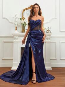 SHEIN Belle 金屬光澤面料,褶皺細節,結合網眼與半透明側繞落地女士晚禮服 - 藍色 - 查看 6