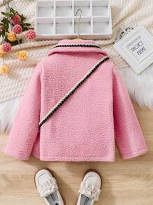 SHEIN 年輕女孩撞色飾邊粗呢泰迪熊外套和包 - 粉色 - 查看 2