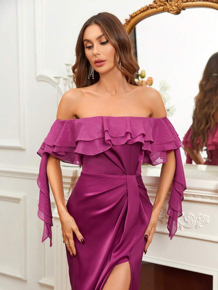 Off Shoulder Ruffle Trim Split Thigh Satin Formal Dress