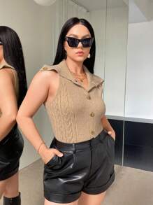 SHEIN Essnce Plus Button Front Cable Knit Top - Camel - View 6