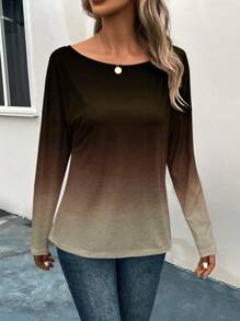 SHEIN LUNE Ombre Drop Shoulder Tee Graphic Tees Women Tops - Brown - View 6