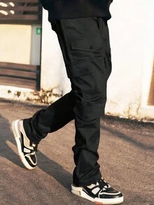 Manfinity Homme Men Flap Pocket Drawstring Waist Cargo Pants - Black - View 3