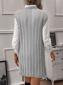 SHEIN Clasi 1pc Button Detail Cable Knit Sweater Vest - Grey - View 2