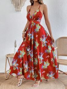 SHEIN VCAY Floral Print Criss Cross Backless Slip Dress - Burgundy - View 3