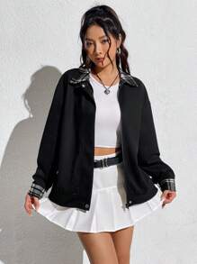 Flirla Plaid Print Drop Shoulder Zip Up Drop Shoulder 2 In 1 Coat - Black - View 4