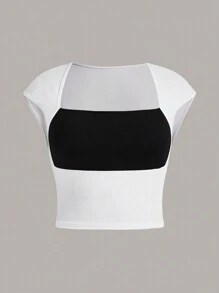 SHEIN MOD Plus Two Tone Square Neck Crop Tee - Black and White - View 1