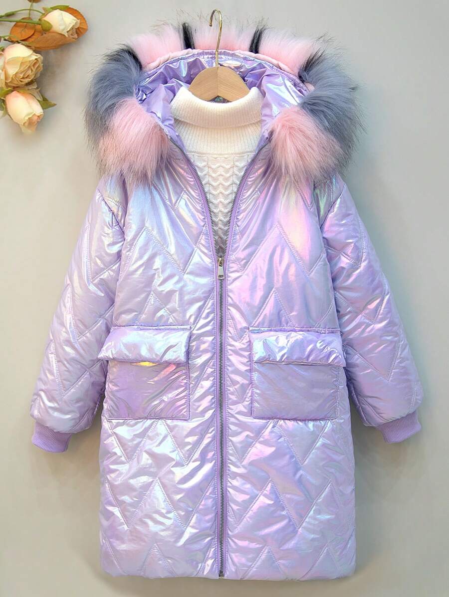 SHEIN Tween Girl 毛绒装饰连帽全息填充外套 - 紫色 - 查看 1