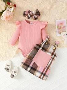 Baby Girl Ruffle Trim Bodysuit & Plaid Print Overall Dress & Headband, For Christmas - Multicolor - View 1