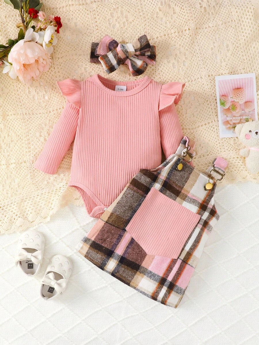 Baby Girl Ruffle Trim Bodysuit & Plaid Print Overall Dress & Headband, For Christmas - Multicolor - View 1