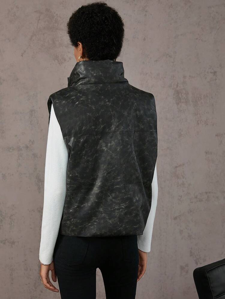 Zip Up PU Leather Vest Padded Padded Coat Clothes Winter