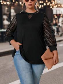 SHEIN LUNE Plus Contrast Lace Sleeve Top - Black - View 3