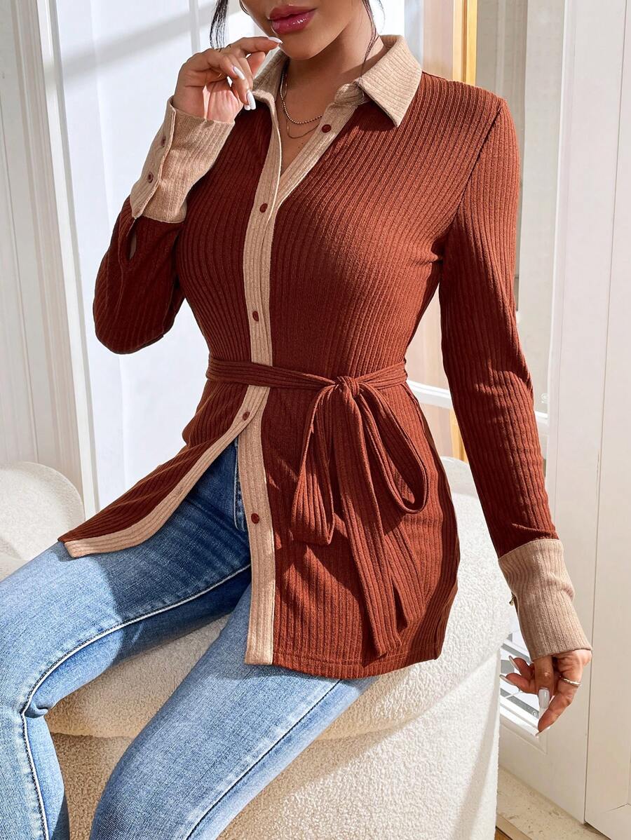 SHEIN Essnce 拼接邊腰帶T恤