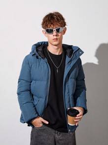 Teen Boy Slant Pockets Hooded Padded Coat - Blue - View 1