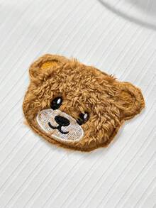 Young Girl Bear Patched Mock Neck Tee - White - View 4