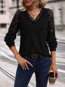 EMERY ROSE Áo thun tay áo Raglan có ren tương phản - màu đen - Xem 6