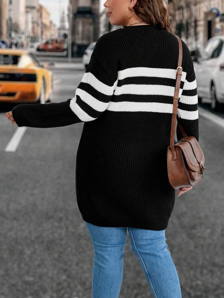 Plus Striped Pattern Split Hem Sweater