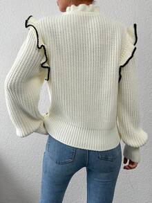 EURMUSE 撞色滾邊荷葉邊繫帶領套頭毛衣 - 白色 - 查看 2