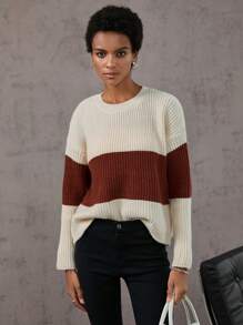 Aveloria Colorblock Drop Shoulder Ribbed Knit Sweater Knit Pullover Fall Winter Outfit