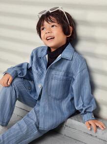 SHEIN Young Boys Casual Loose Jeans Texture Lapel Jacket + Straight Pants Set, Thermal Lined, Thickened - Blue - View 5