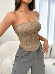 SHEIN EZwear Chất rắn Textured Ống ngọn - Màu Khaki - Xem 1