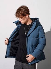 Teen Boy Slant Pockets Hooded Padded Coat - Blue - View 3