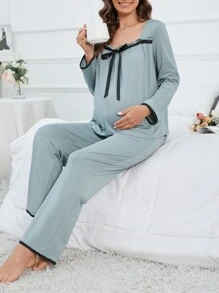 Maternidad Conjunto de pijama unido en contraste con lazo delantero - Verde - Ver 3