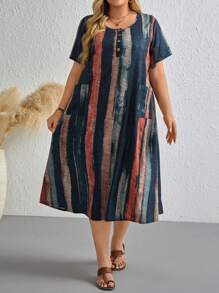 SHEIN LUNE 大碼筆刷圖案口袋貼布洋裝 - 彩色 - 查看 4