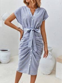 SHEIN Clasi Striped Print Batwing Sleeve Belted Dress - Blue and White - View 4