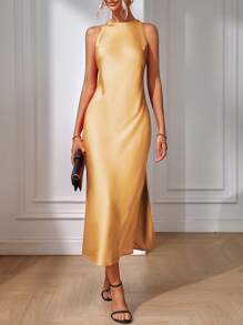 SHEIN Clasi Solid Split Thigh Satin Dress - Yellow - View 1