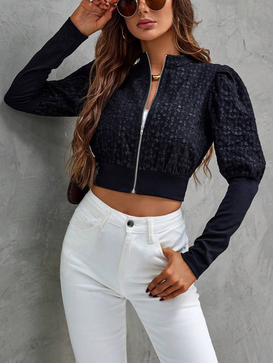 SHEIN Clasi Gigot Sleeve Zip Up Crop Jacket - Black - View 1