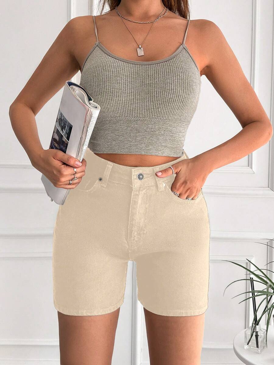 Cottnline Quần short denim túi nghiêng - Màu be - Xem 1