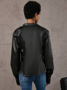 Aveloria Solid PU Leather Button Front Shirt Fall Cloth For Women - Black - View 2