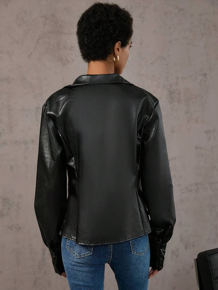 Solid PU Leather Button Front Shirt Fall Cloth For Women