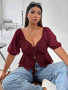 Flirla Plus Tie Front Ruched Bust Puff Sleeve Knot Front Peplum Blouse - Burgundy - View 8