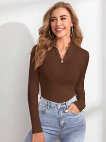 SHEIN Essnce Zip Half Placket Ribbed Knit Tee - Coffee Brown - View 1