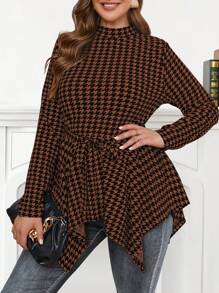 Celure 大碼千鳥格印花不對稱下擺腰帶T恤 - 卡其色 - 查看 1