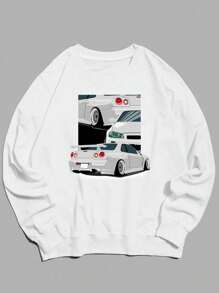 超大落肩前酷车图案印花卫衣 - 白色 - 查看 3